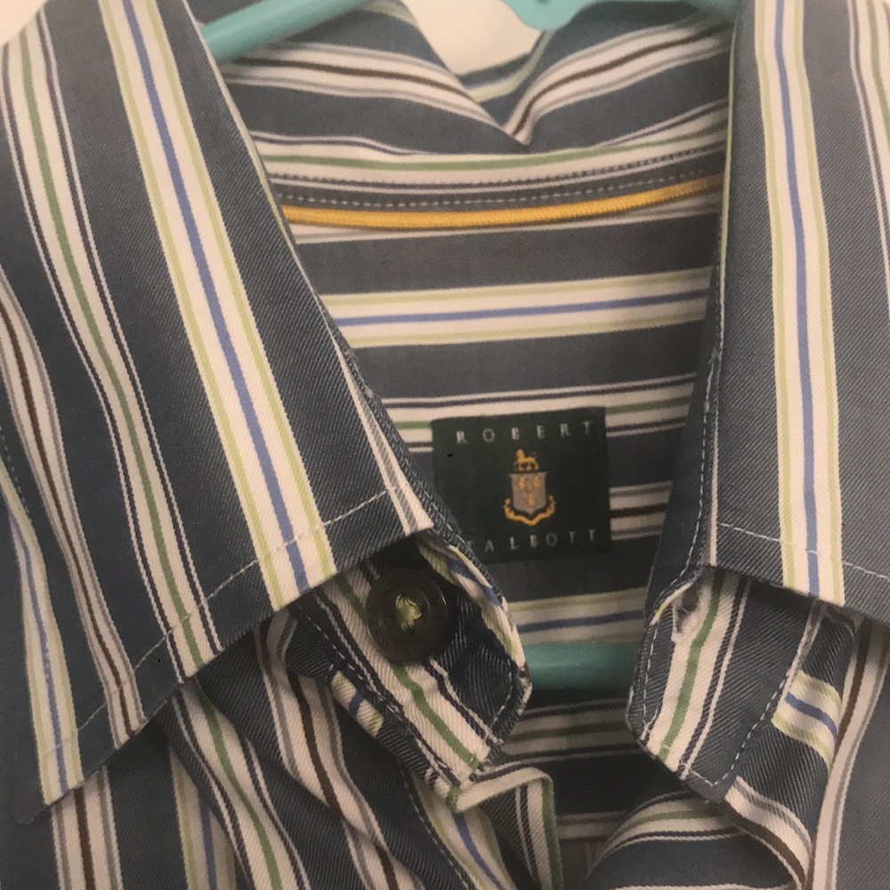 Men’s Robert Talbott 100% Cotton Green, Blue, Brown Stripe Shirt - Medium